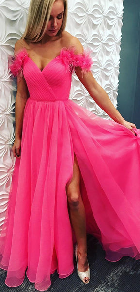 Off Shoulder Long A-line Hot Pink Tulle Prom Dresses, Lovely Prom Dresses, 2020 Prom Dresses