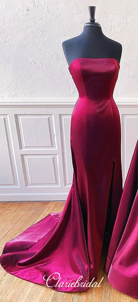 Lovely Plum Satin Prom Dresses, Slit Prom Dresses, Simple Prom Dresses, Affordable Prom Dresses