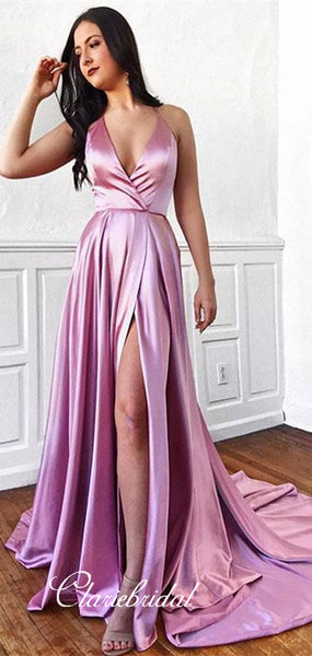 V-neck Long A-line Elastic Satin Prom Dresses, Side Slit Prom Dresses, Prom Dresses