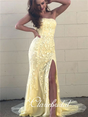 Strapless Long Mermaid Prom Dresses, Yellow Lace Tulle Prom Dresses, Side Slit Prom Dresses