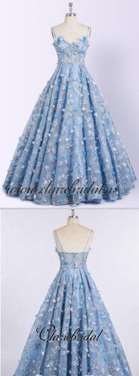 Spaghetti Long A-line Blue Floral Prom Dresses, Newest Prom Dresses, Prom Dresses