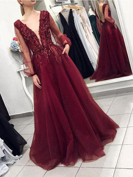 V-neck Burgundy Tulle Beaded Prom Dresses, Long Sleeves Prom Dresses, Prom Dresses