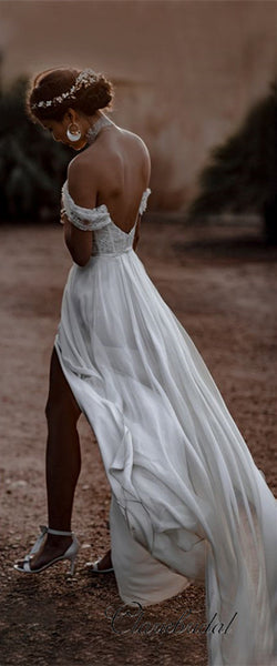 Off Shoulder Lace Top Side Slit Boho Wedding Dresses, Long Wedding Dresses