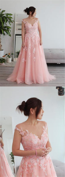 Cap Sleeves A-line Pink Lace Tulle Wedding Dresses, Bridal Gown