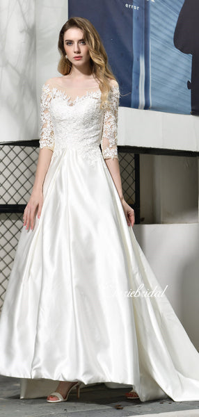 Half Sleeves Lace Satin Wedding Dresses, Long Wedding Dresses, Ivory Satin Lace Wedding Dresses