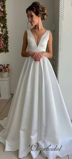 V-neck Sleeveless A-line Ivory Satin Long Wedding Dresses