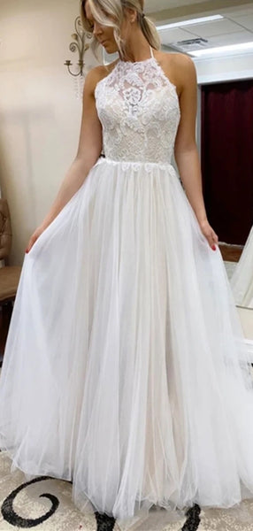 Hlater Long A-line Wedding Dresses, Illusion Lace Top Wedding Dresses, Simple Long Wedding Dresses