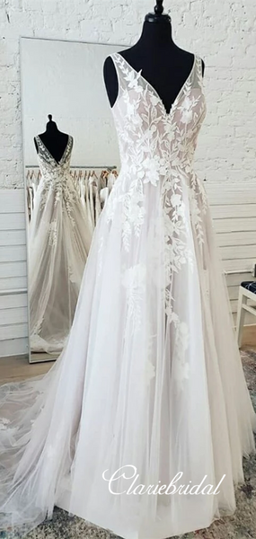 V-neck Long A-line Lace Tulle Wedding Dresses, Long Bridal Gown, Ivory Lace Wedding Dresses