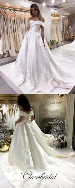 Off Shoulder Satin Lace Wedding Dresses, Long Wedding Dresses