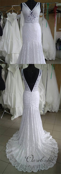 V-neck Lace Mermaid Long Wedding Dresses, Simple Wedding Dresses