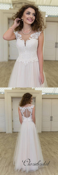 Elegant Lace Top A-line Ivory Tulle Long Wedding Dresses, Bridal Gown