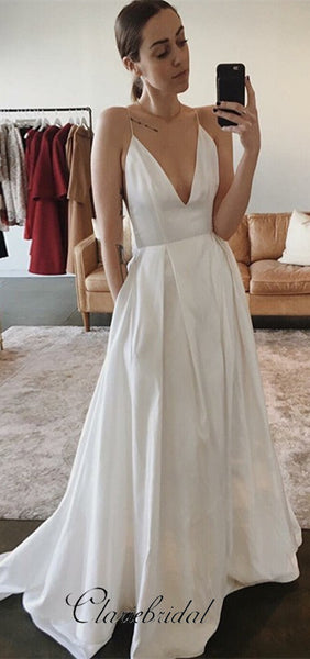 Spaghetti V-neck Simple Chic Design Satin Wedding Dresses