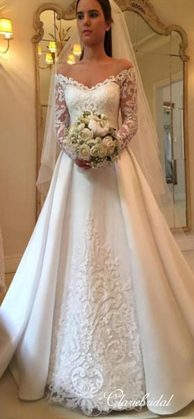 Off Shoulder Long A-line Lace Stain Elegant Wedding Dresses