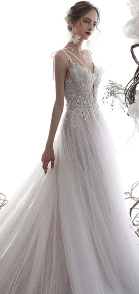 Ivory Lace Tulle Wedding Dresses, Long Wedding Dresses, Romantic Wedding Dresses