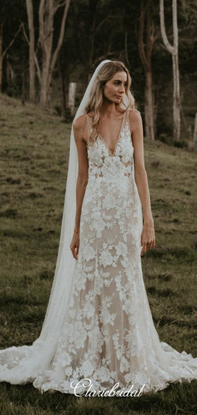 V-neck Lace Long Mermaid Country Wedding Dresses