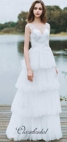 V-neck Fluffy Tulle Lace A-line Off White Long Wedding Dresses