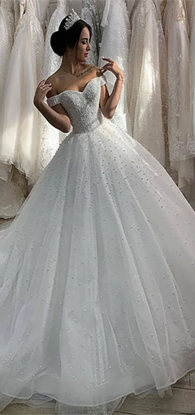 Off Shoulder Long A-line Wedding Dresses, Beaded Wedding Dresses, Lace Up Wedding Dresses