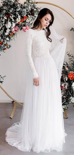 Long Sleeves Lace Top Tulle Wedding Dreses, Ivory Long Wedding Dresses, Bridal Gown