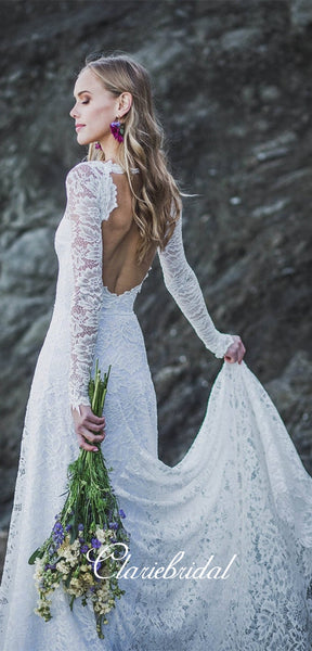 V-neck Long Sleeves Lace Wedding Dresses, Long Wedding Dresses, Beach Wedding Dresses