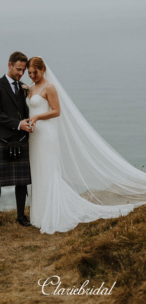 Straps Beaded Long A-line Tulle Ivory Country Wedding Dresses