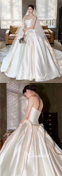 Strapless Long Ball Gown Wedding Dresses, Ivory Satin Wedding Dresses, Chic Long Wedding Dresses