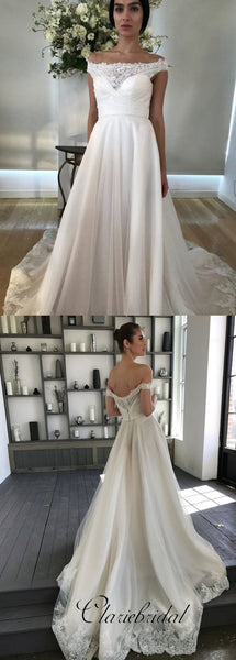 Off Shoulder Lace Tulle A-line Wedding Dresses, Lovely Train Wedding Dresses