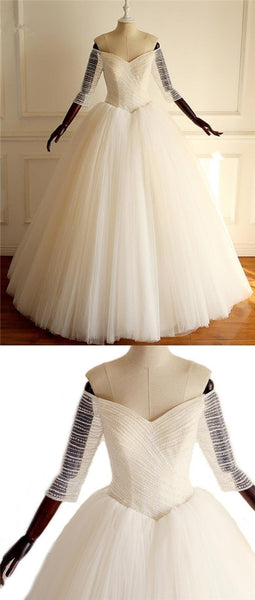 Half Sleeves Long A-line Tulle Beaded Wedding Dresses