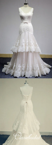 V-neck Long Mermaid Lace Tulle Elegant Wedding Dresses