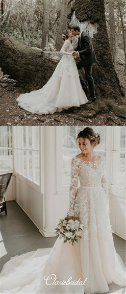 Long Sleeves A-line Lace Tulle Country Wedding Dresses