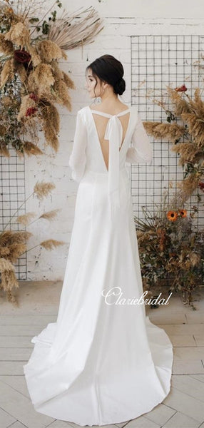 Long Sleeves Ivory Chiffon Satin Wedding Dresses, Country Wedding Dresses, Long Wedding Dresses