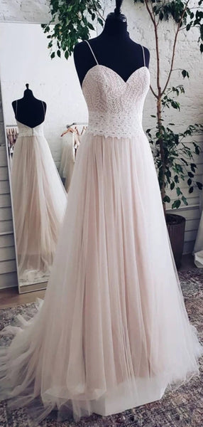 Spaghetti Long A-line Wedding Dresses, Lace Top Wedding Dresses, Blush Pink Wedding Dresses