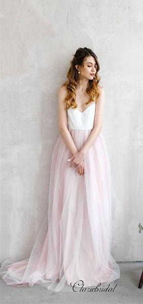 Spaghetti Boho Simple Pale Pink Tulle Wedding Dresses