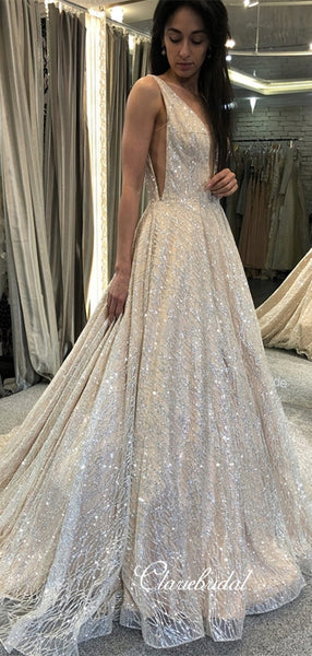 V-neck Sequin Tulle Long Bridal Gown, Sparkle Wedding Dresses, Long Wedding Dresses, Bridal Gown