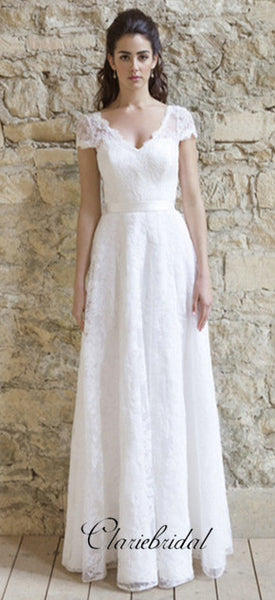 V-neck Cap Sleeves A-line Lace Wedding Dresses, Bridal Gown