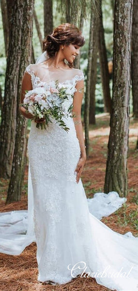 Cap Sleeves iIlusion Lace Mermaid Tulle Wedding Dresses, Bridal Gown