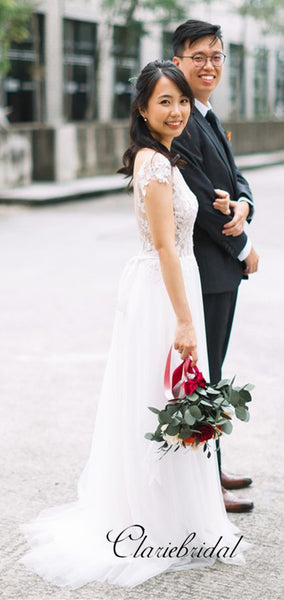 Cap Sleeves A-line Simple Lace Tulle Wedding Dresses