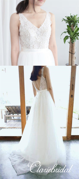 Simple V-neck A-line Beaded Top Tulle Wedding Dresses, Bridal Gown