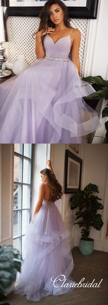 Spaghetti Long A-line Lilac Tulle Wedding Dresses, Backless Bridal Gown