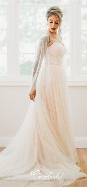 Spaghetti Long A-line Lace Tulle Boho Wedding Dresses