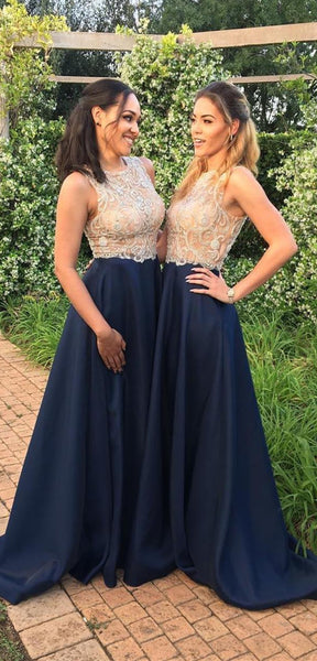 Round Neck Long A-line Navy Satin Bridesmaid Dresses, Lace Beaded Bridesmaid Dresses, Prom Dresses