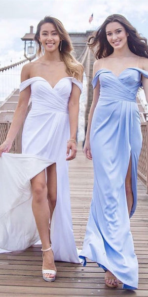 Off Shoulder Long Sheath Chiffon Bridesmaid Dresses, Side Slit Bridesmaid Dresses