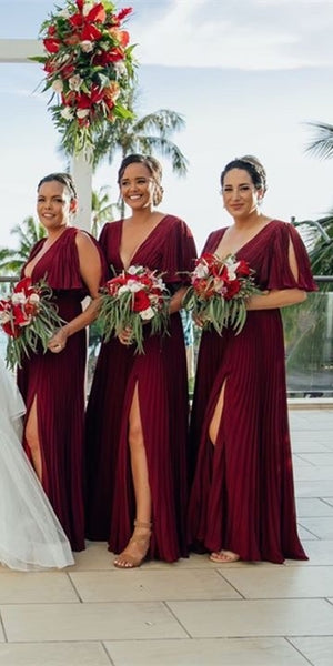 Short Sleeves Chiffon Bridesmaid Dresses, Side Slit Bridesmaid Dresses, Long Bridesmaid Dresses