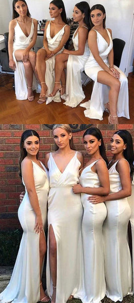 Deep V-neck Long Mermaid Elastic Satin Bridesmaid Dresses, Ivory Bridesmaid Dresses, Side Slit Bridesmaid Dresses