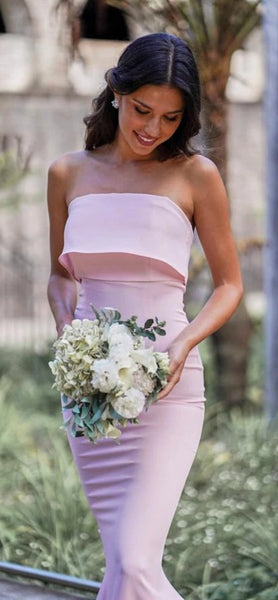 Strapless Long Mermaid Light Pink Jersey Bridesmaid Dresses, Long Bridesmaid Dresses, Newest Bridesmaid Dresses