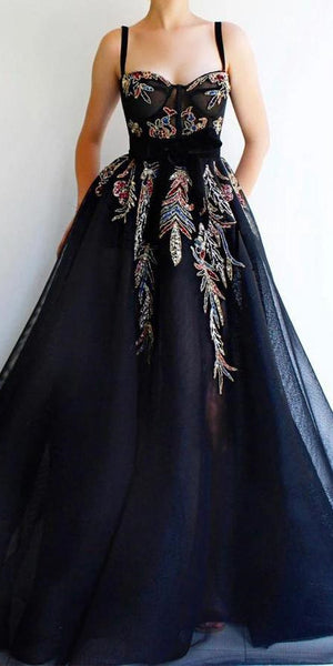 Straps Long A-line Black Tulle Appliques Prom Dresses, Newest Prom Dresses, 2021 Prom Dresses