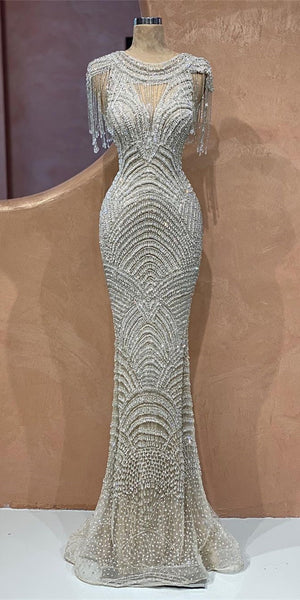 Round Neck Long Beaded Luxury Prom Dresses, Mermaid Prom Dresses, 2021 Long Prom Dresses