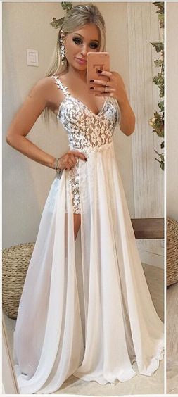 Straps Long A-line Lace Chiffon Prom Dresses, 2 Pieces Prom Dresses, Newest Prom Dresses