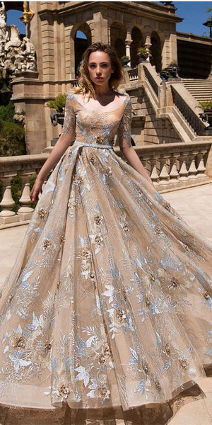 Half Sleeves Lace Prom Dresses, A-line Prom Dresses, 2021 Prom Dresses, Cheap Prom Dresses