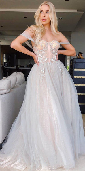Off Shoulder A-line Prom Dresses, Lace Appliques Beaded Prom Evening Dresses