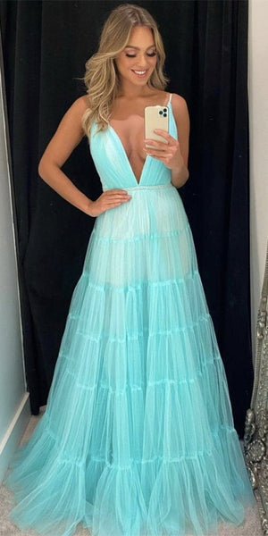 Tiffany Blue Tulle Prom Dresses, A-line Prom Dresses, Cheap Prom Dresses, 2021 Prom Dresses